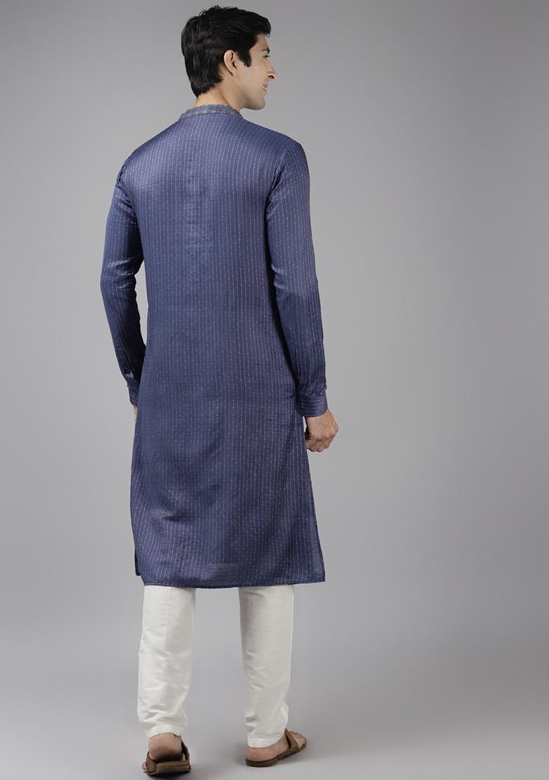 Black Thread Woven Design Cotton Kurta Set For Men