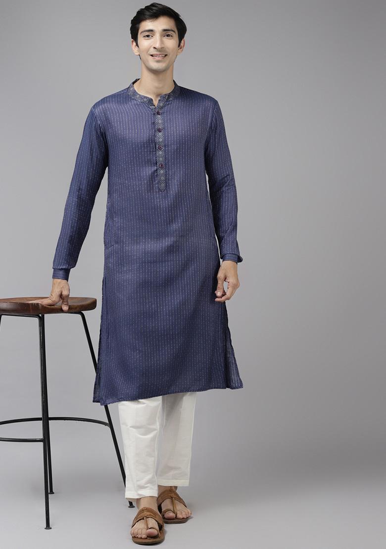 Black Thread Woven Design Cotton Kurta Set For Men