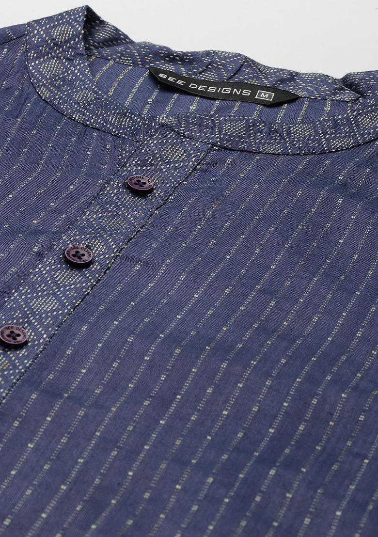 Black Thread Woven Design Cotton Kurta Set For Men