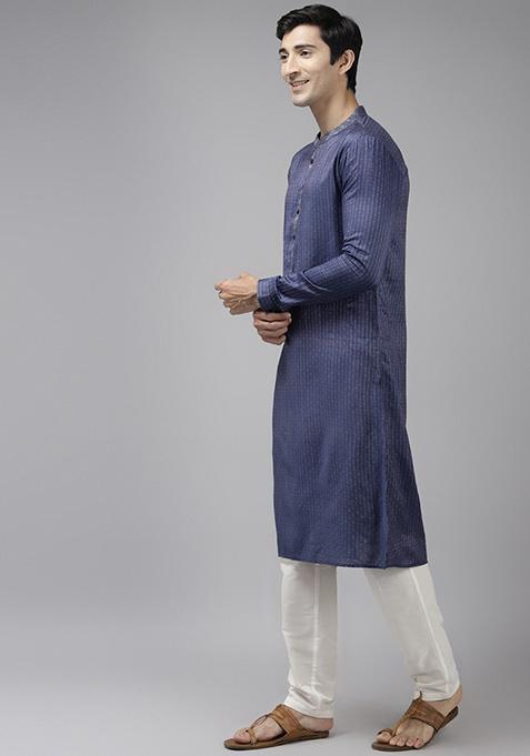 Black Thread Woven Design Cotton Kurta Set For Men