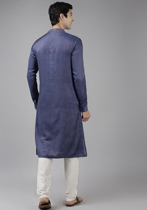 Black Thread Woven Design Cotton Kurta Set For Men