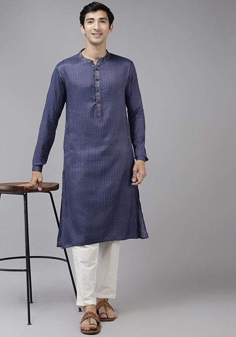 Black Thread Woven Design Cotton Kurta Set For Men