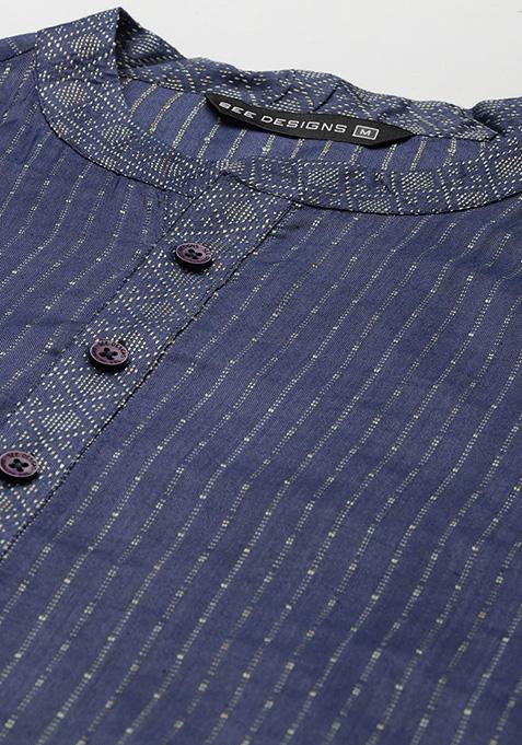 Black Thread Woven Design Cotton Kurta Set For Men