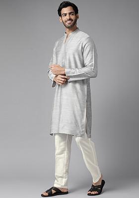 Grey Thread Woven Design Kurta Set For Men