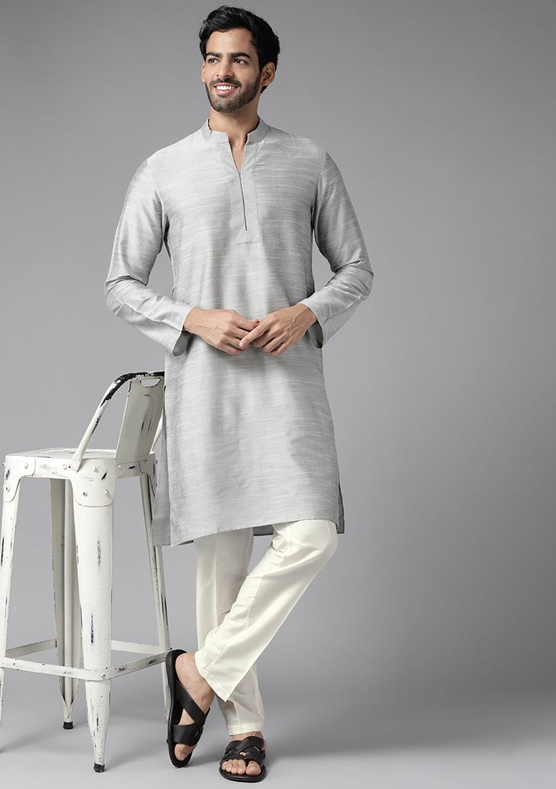 Grey Thread Woven Design Kurta Set For Men