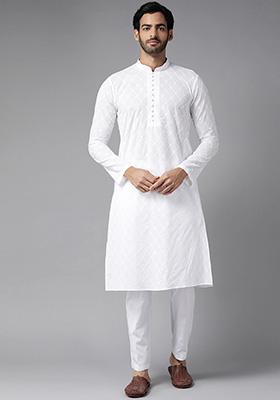Pearl White Chikankari Embroidered Cotton Kurta Set For Men