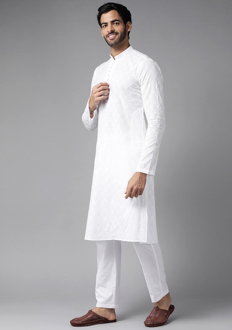 Pearl White Chikankari Embroidered Cotton Kurta Set For Men