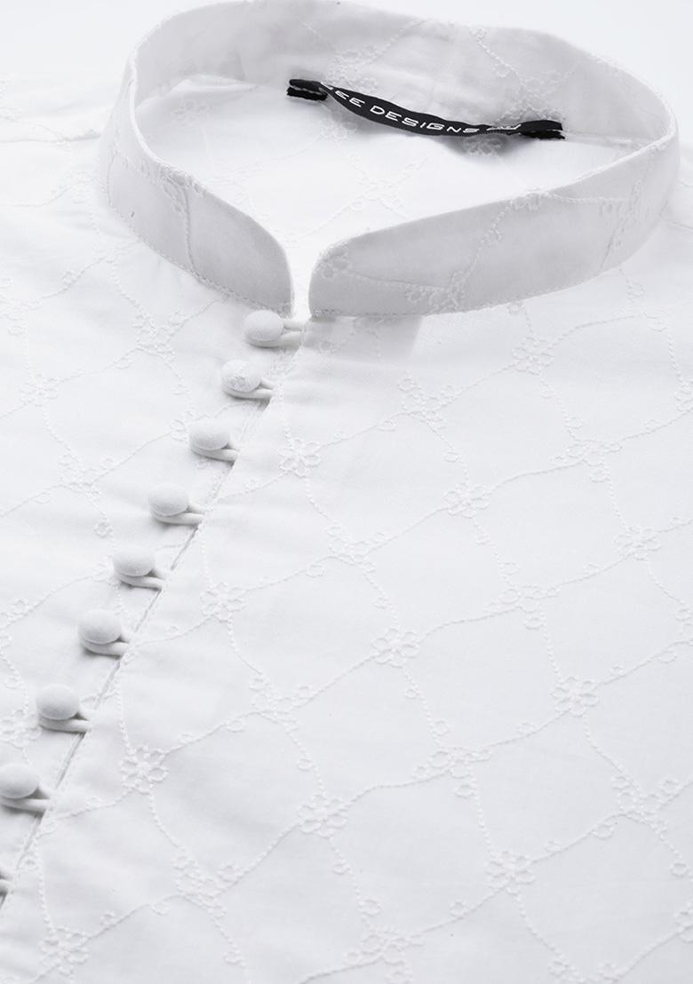 Pearl White Chikankari Embroidered Cotton Kurta Set For Men
