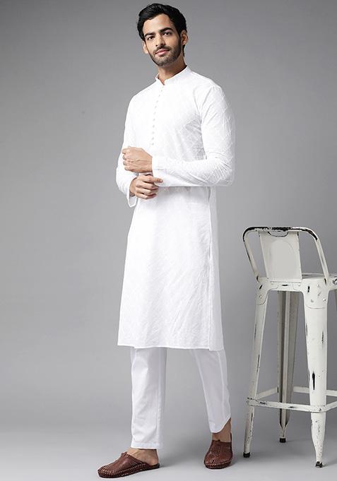 Pearl White Chikankari Embroidered Cotton Kurta Set For Men