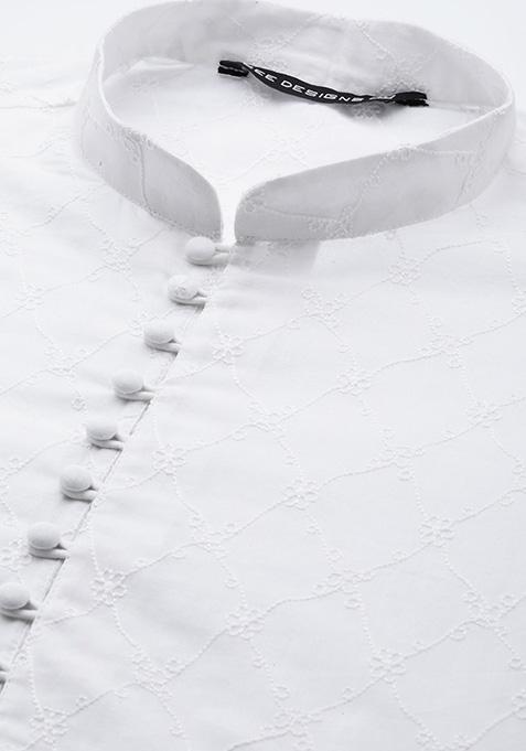 Pearl White Chikankari Embroidered Cotton Kurta Set For Men