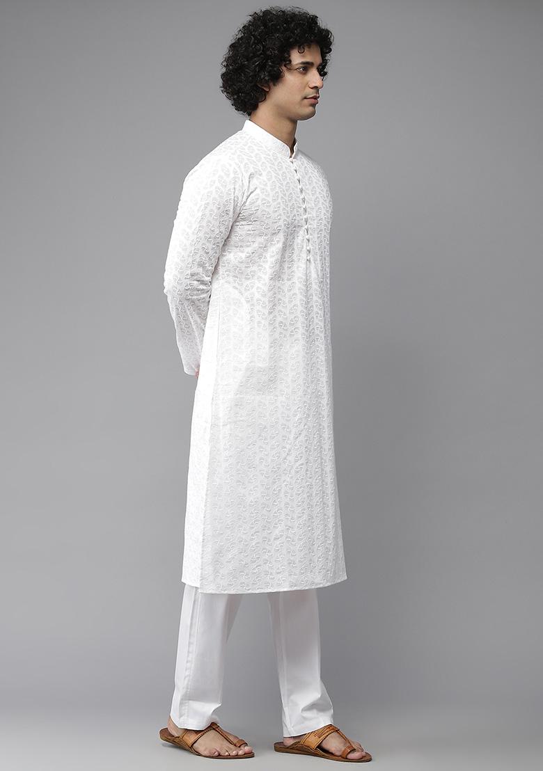 White Chikankari Embroidered Cotton Kurta Set For Men