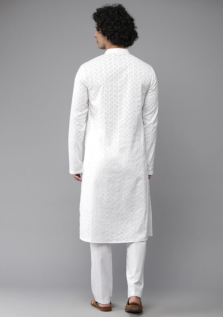 White Chikankari Embroidered Cotton Kurta Set For Men