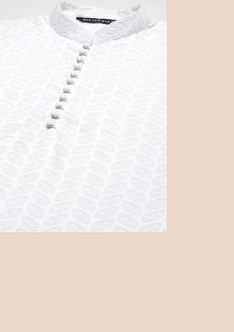 White Chikankari Embroidered Cotton Kurta Set For Men