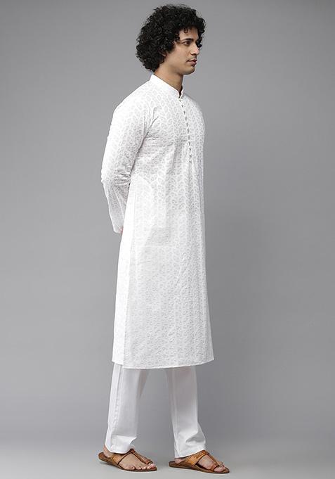 White Chikankari Embroidered Cotton Kurta Set For Men