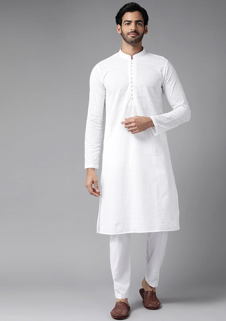 White Chikankari Embroidered Cotton Straight Kurta Set For Men