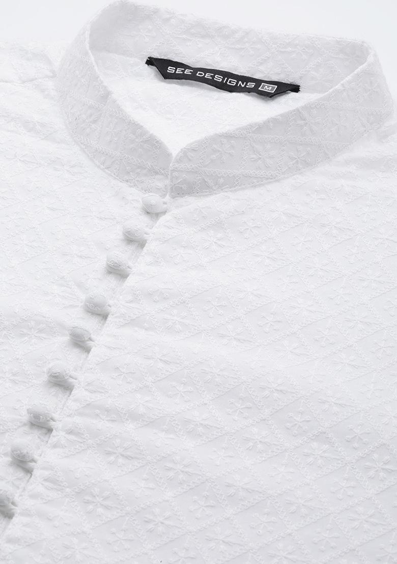 White Chikankari Embroidered Cotton Straight Kurta Set For Men