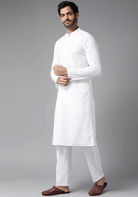 White Chikankari Embroidered Cotton Straight Kurta Set For Men