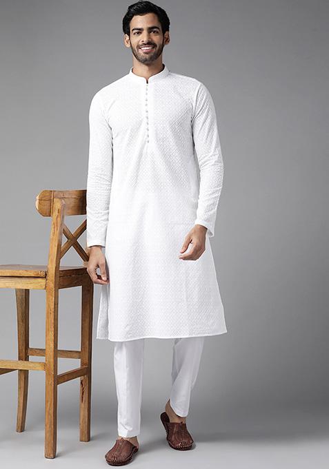 White Chikankari Embroidered Cotton Straight Kurta Set For Men