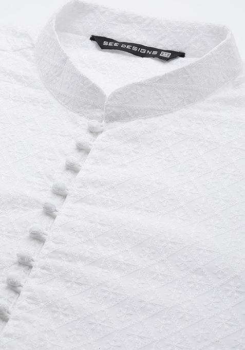 White Chikankari Embroidered Cotton Straight Kurta Set For Men
