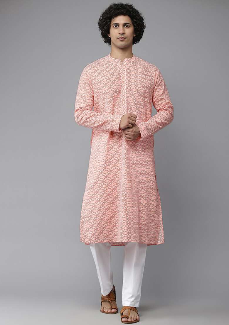 Peach Cotton Kurta Set For Men - Indya