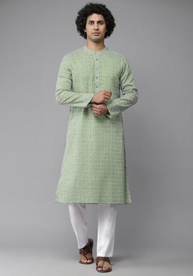 Green Cotton Kurta Set For Men