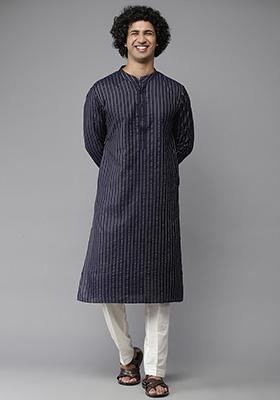 Navy Blue Cotton Kurta Set For Men
