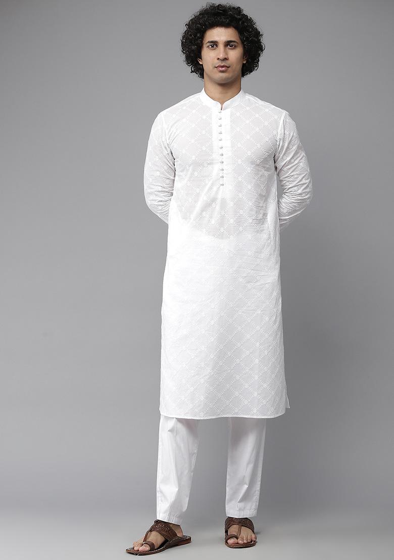 White Chikankari Work Kurta Set For Men