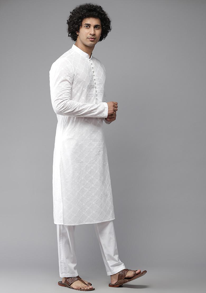 White Chikankari Work Kurta Set For Men