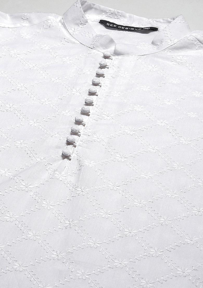 White Chikankari Work Kurta Set For Men