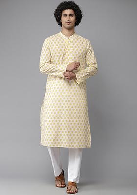 Yellow Floral Print Kurta Set For Men