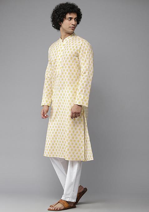 Yellow Floral Print Kurta Set For Men