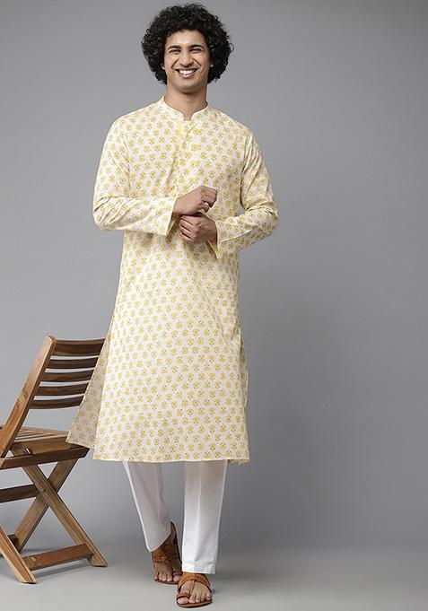 Yellow Floral Print Kurta Set For Men