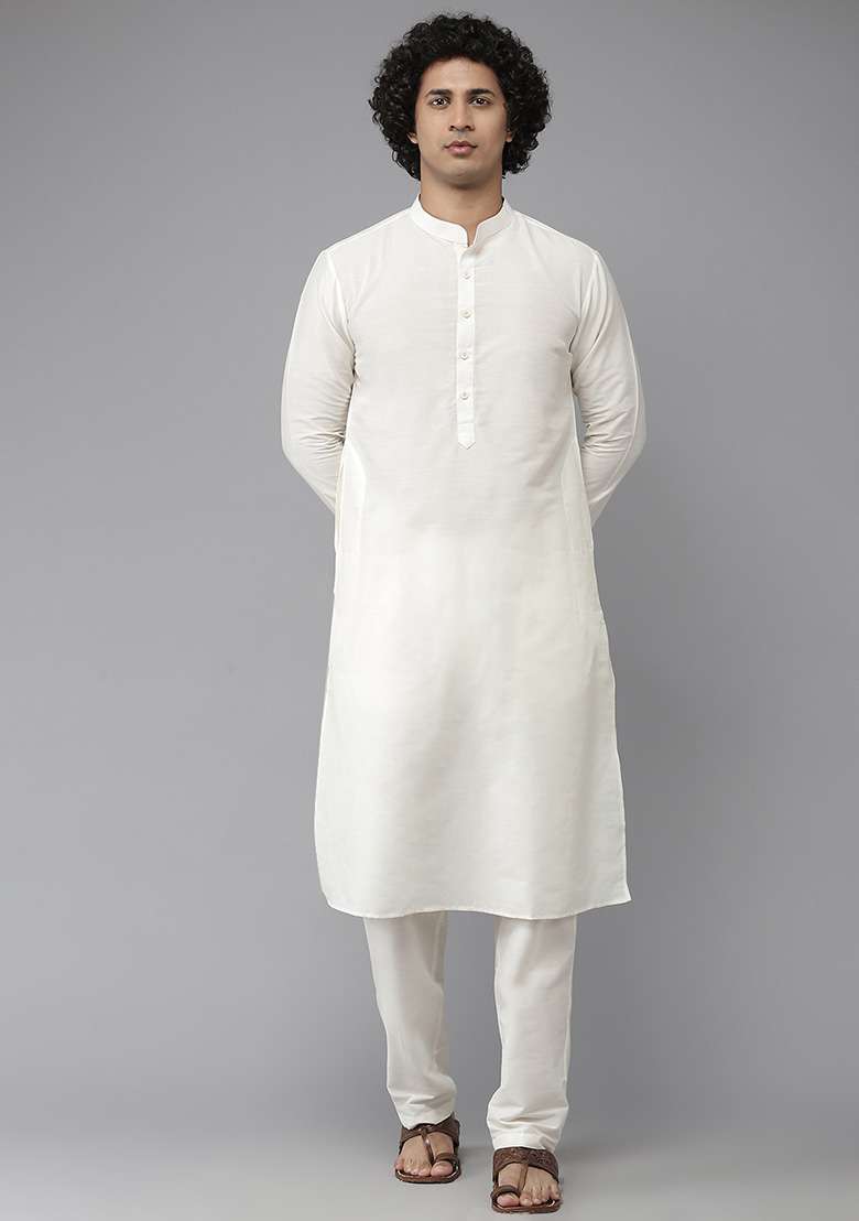 White Cotton Silk Blend Straight Kurta Set For Men - Indya
