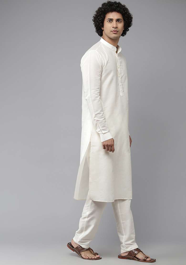 White Cotton Silk Blend Straight Kurta Set For Men - Indya