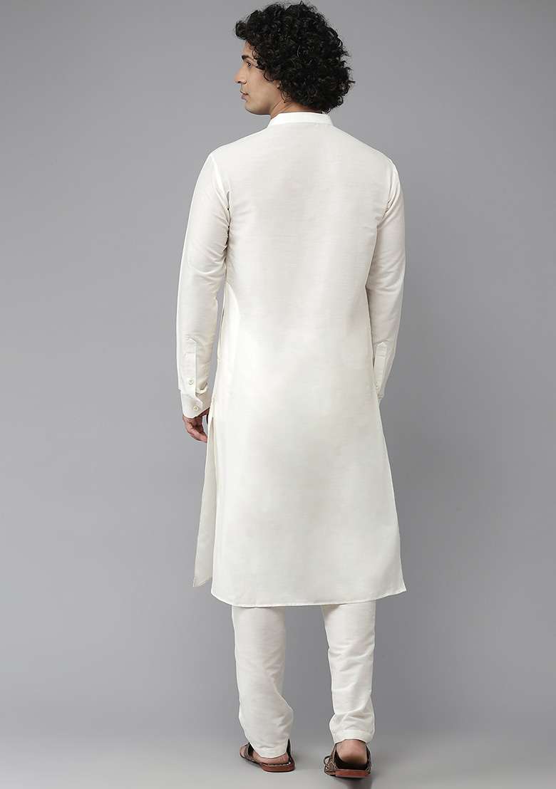 White Cotton Silk Blend Straight Kurta Set For Men - Indya