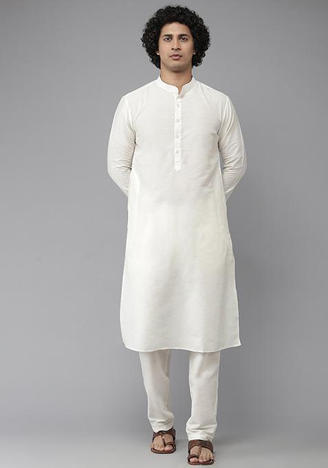 White Cotton Silk Straight Kurta Set For Men