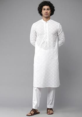 White Chikankari Work Cotton Straight Kurta For Men
