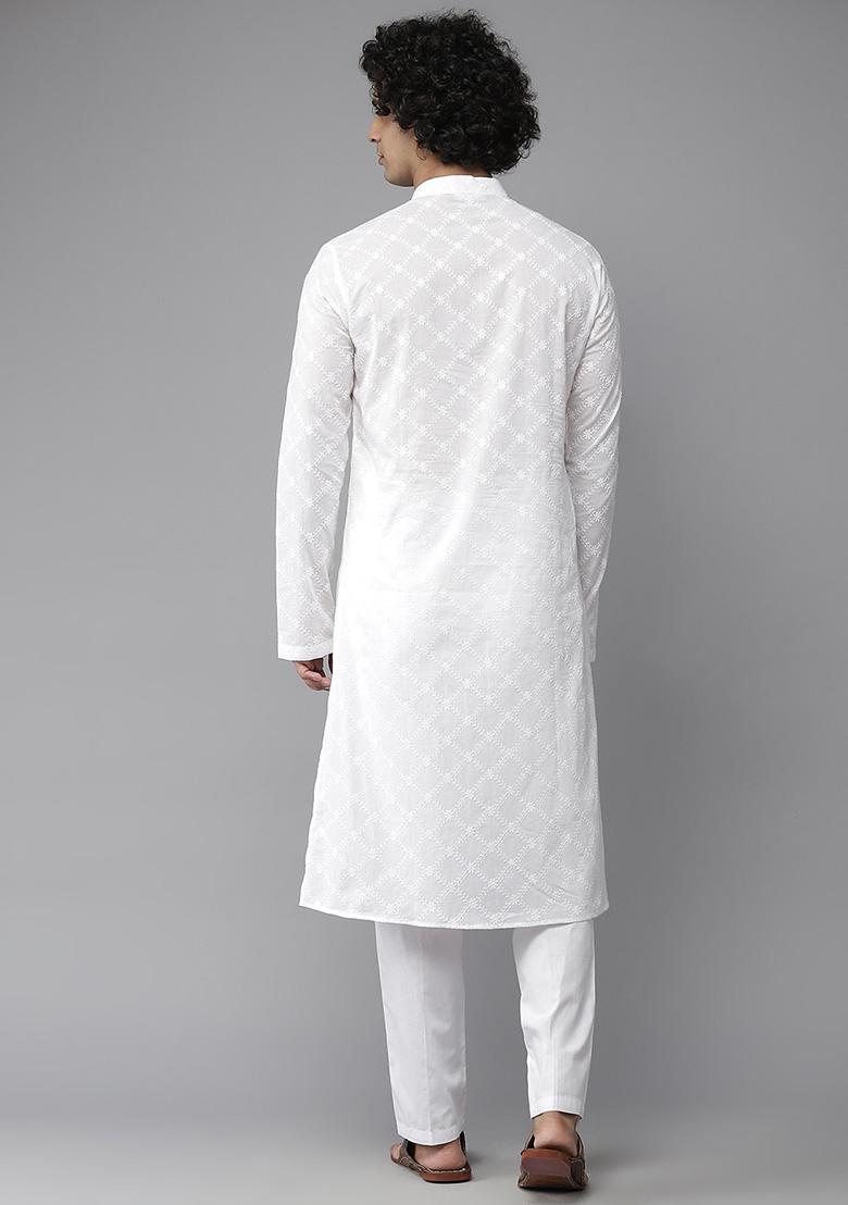 White Chikankari Work Cotton Straight Kurta For Men