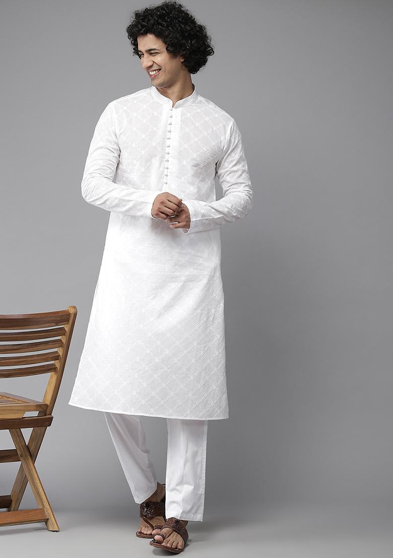 White Chikankari Work Cotton Straight Kurta For Men