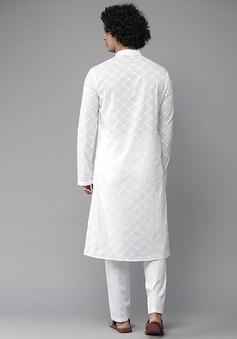 White Chikankari Work Cotton Straight Kurta For Men