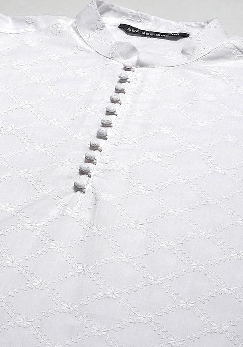 White Chikankari Work Cotton Straight Kurta For Men