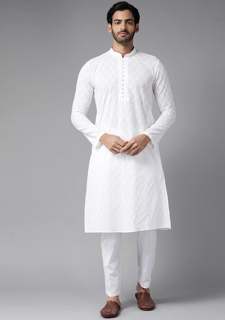 White Chikankari Work Straight Kurta For Men