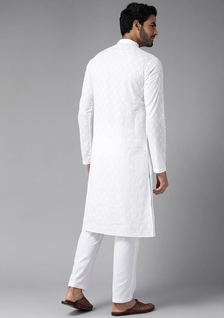 White Chikankari Work Straight Kurta For Men