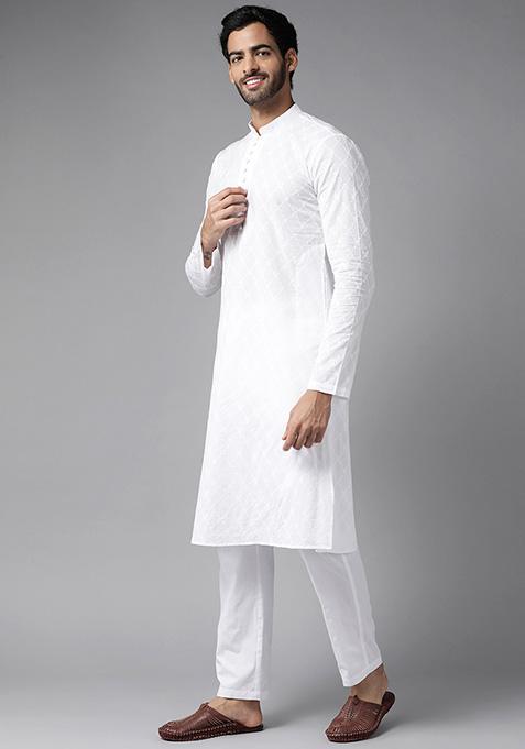 White Chikankari Work Straight Kurta For Men