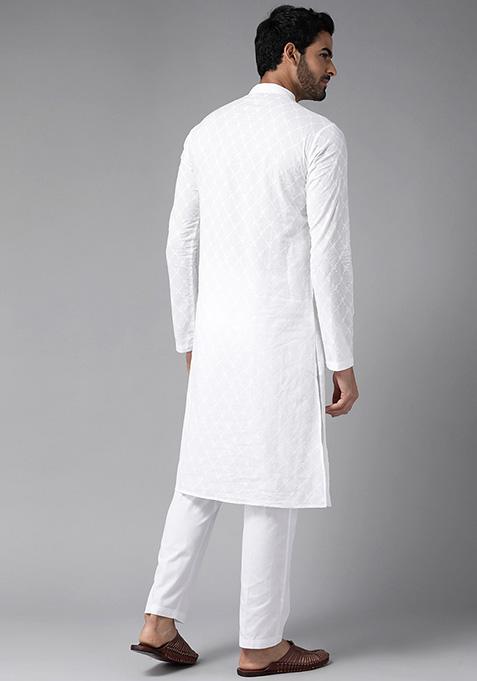 White Chikankari Work Straight Kurta For Men
