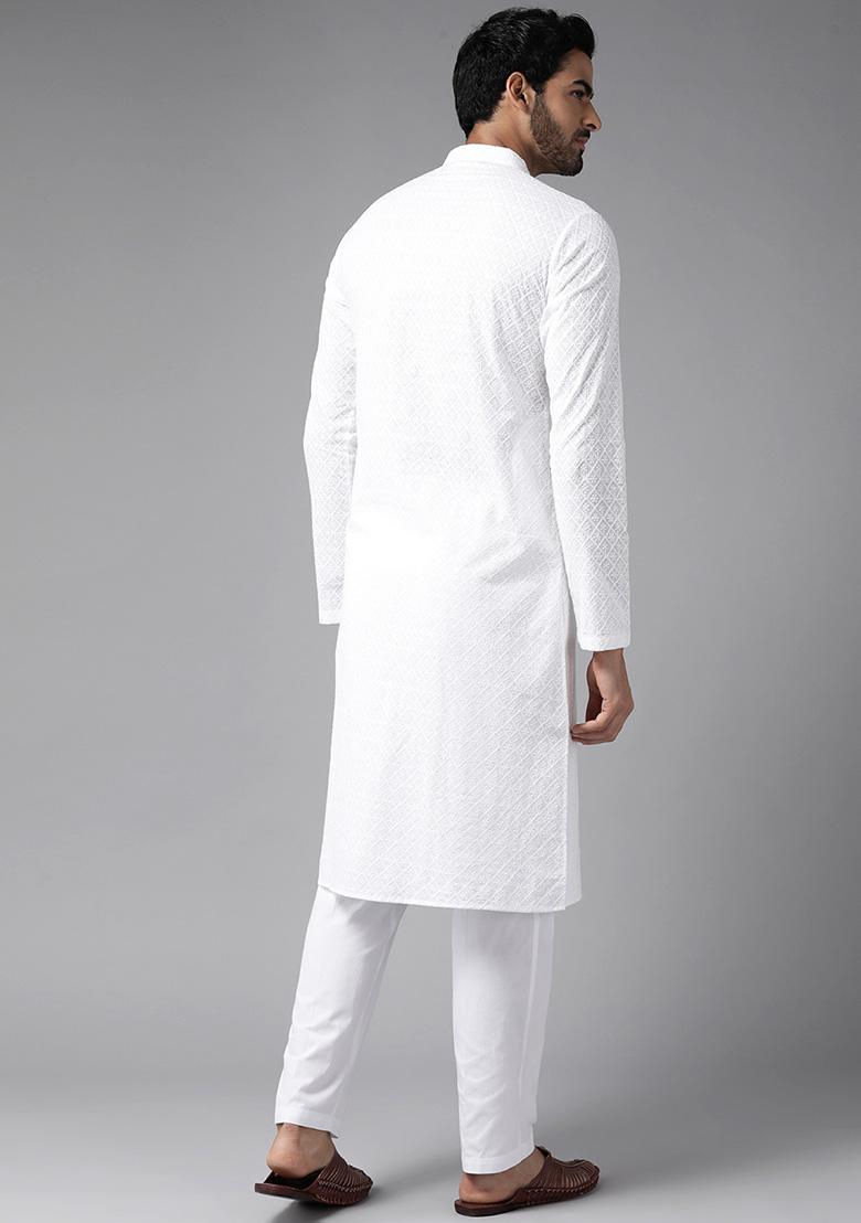 White Chikankari Floral Embroidered Cotton Kurta For Men