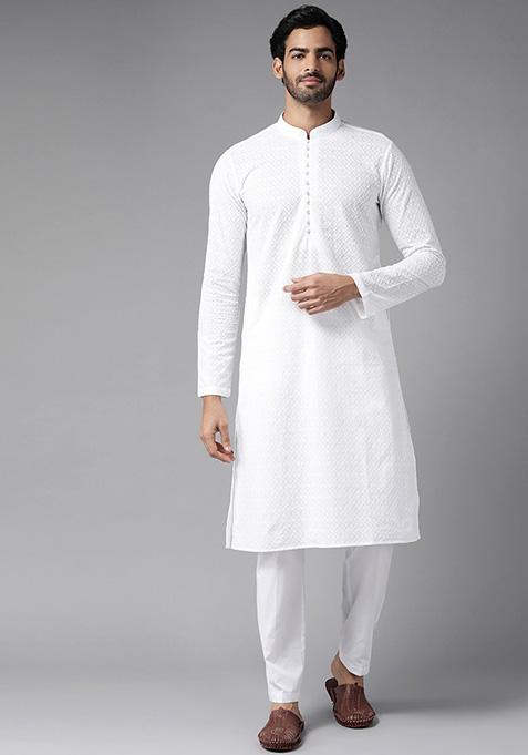 White Chikankari Floral Embroidered Cotton Kurta For Men