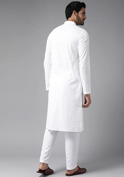 White Chikankari Floral Embroidered Cotton Kurta For Men