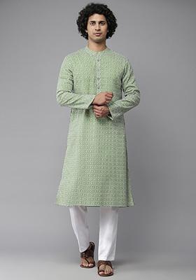 Green Printed Pure Cotton Kurta For Men