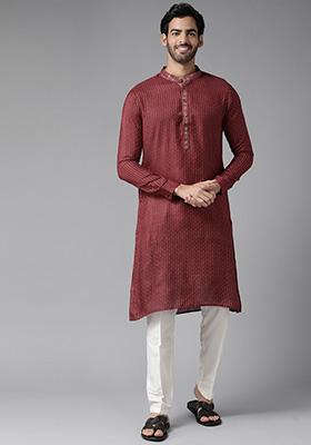 Maroon Chikankari Embroidered Cotton Kurta For Men